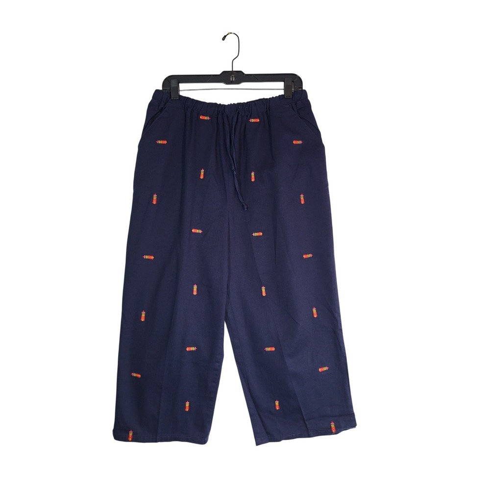 Quacker Factory Nautical Lighthouse Capri Pants L 14/16 Navy Blue Embroidered
